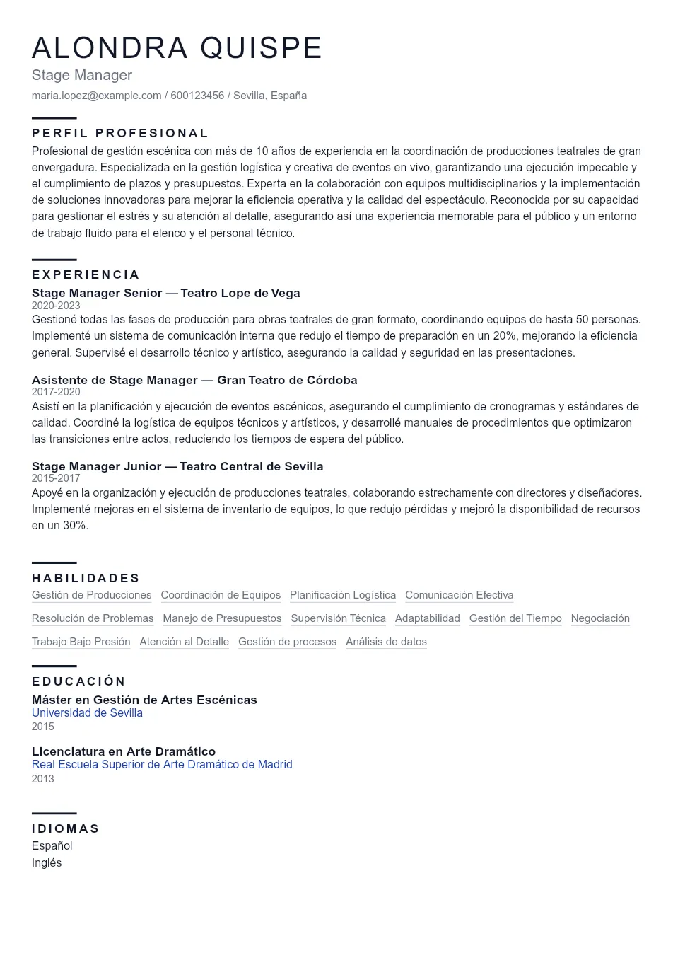 Ejemplo de CV de Stage Manager CV Example - Professional Resume Template