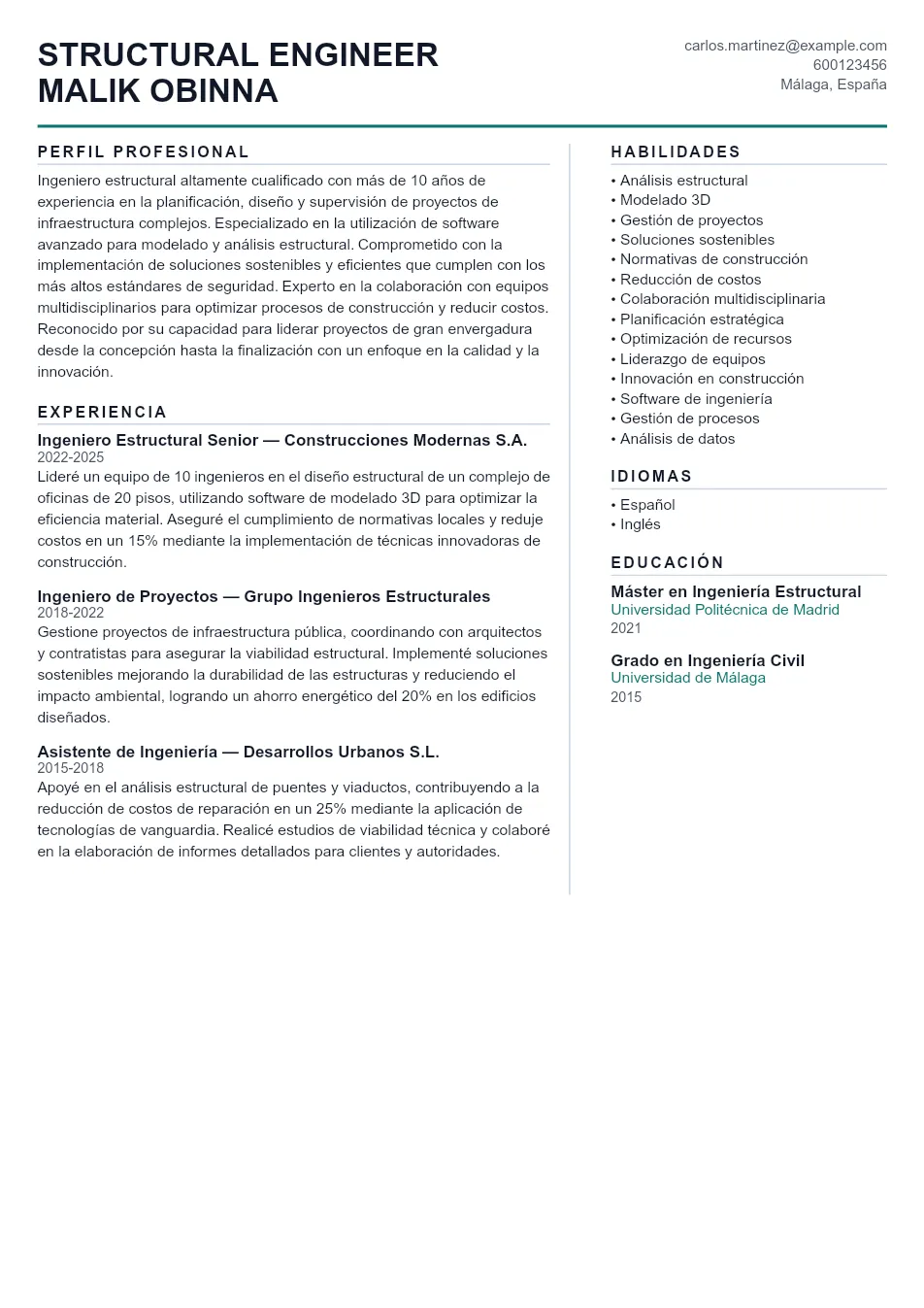 Ejemplo de CV de Structural Engineer CV Example - Professional Resume Template