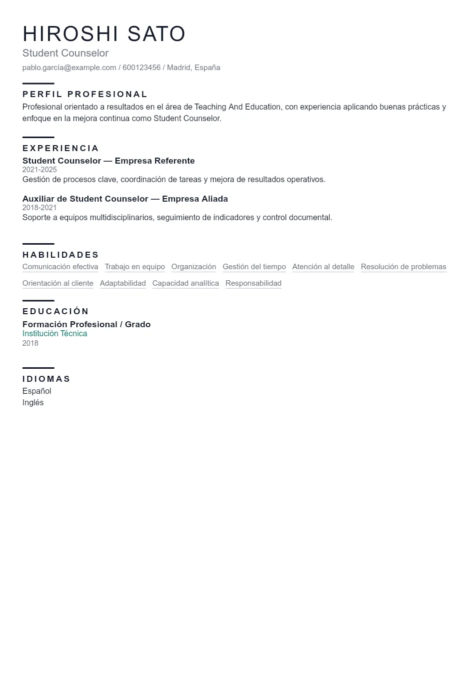 Ejemplo de CV de Student Counselor CV Example - Professional Resume Template