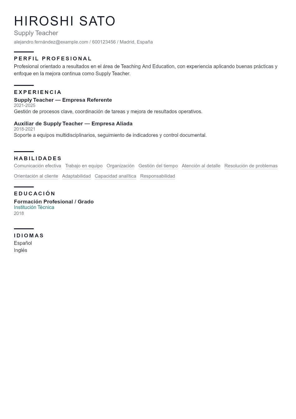 Ejemplo de CV para CV de Supply Teacher - Plantilla de currículum profesional