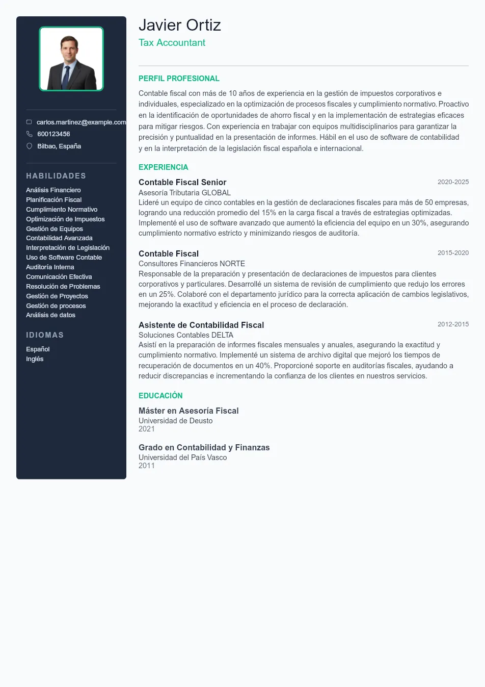 Ejemplo de CV para CV de Tax Accountant - Plantilla de currículum profesional