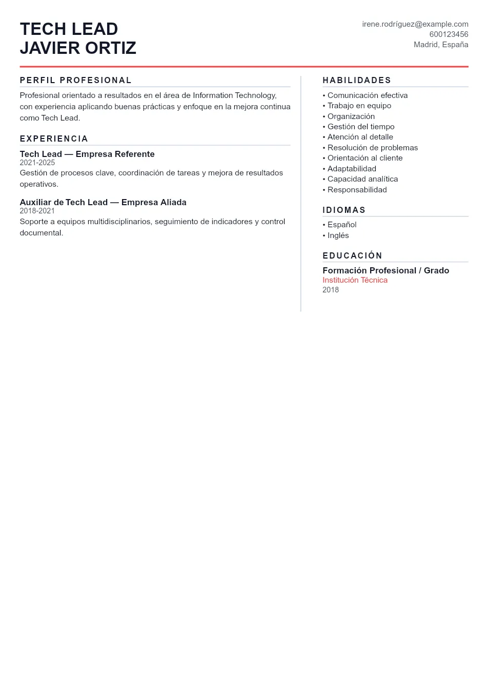 Ejemplo de CV de Tech Lead CV Example - Professional Resume Template