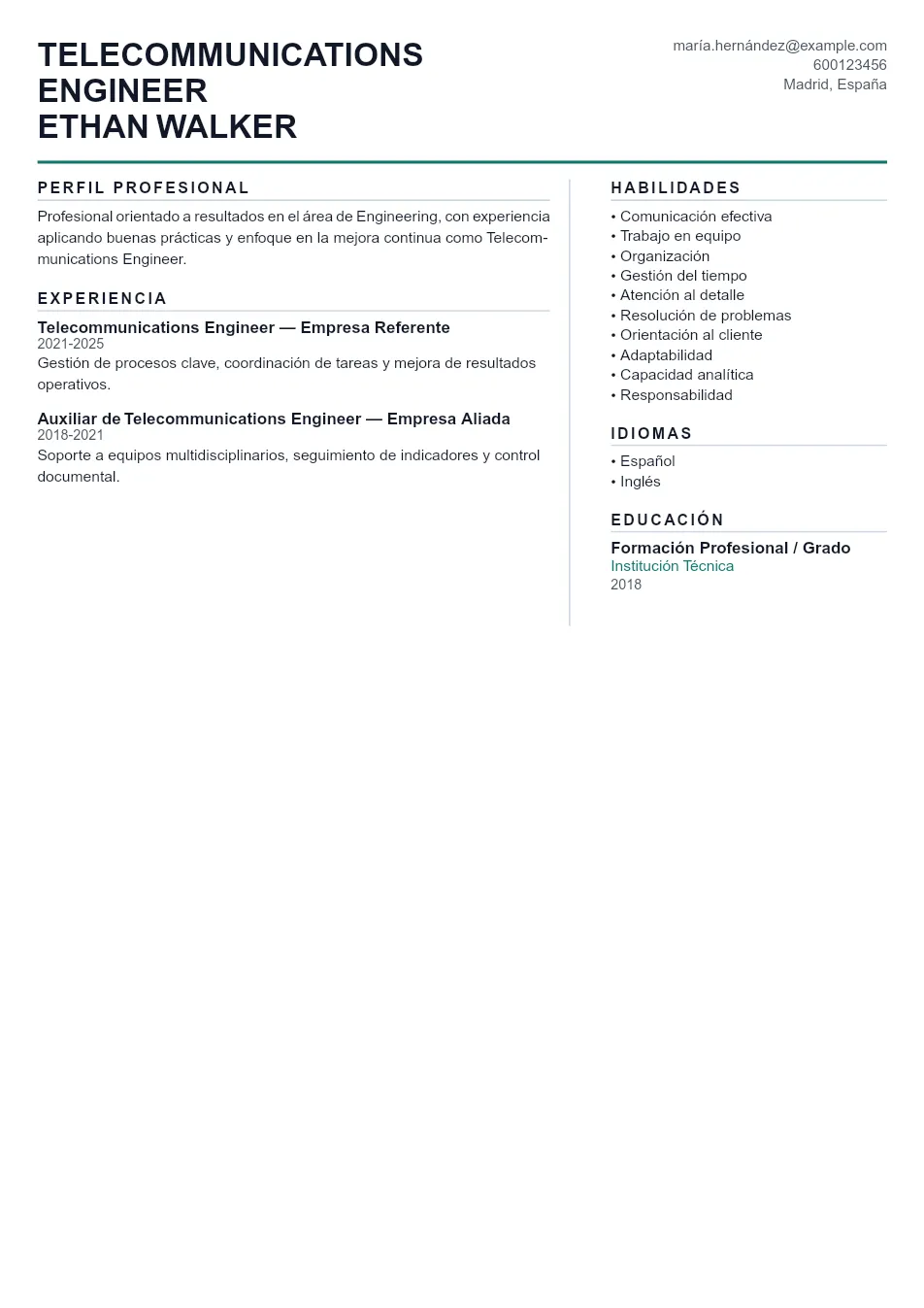 Ejemplo de CV de Telecommunications Engine CV Example - Professional Resume Template