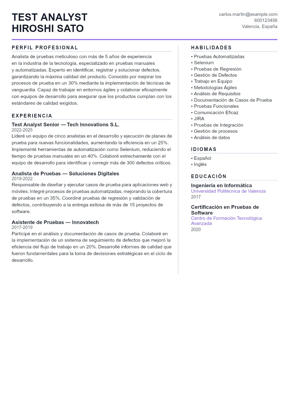 Ejemplo de CV de Test Analyst CV Example - Professional Resume Template