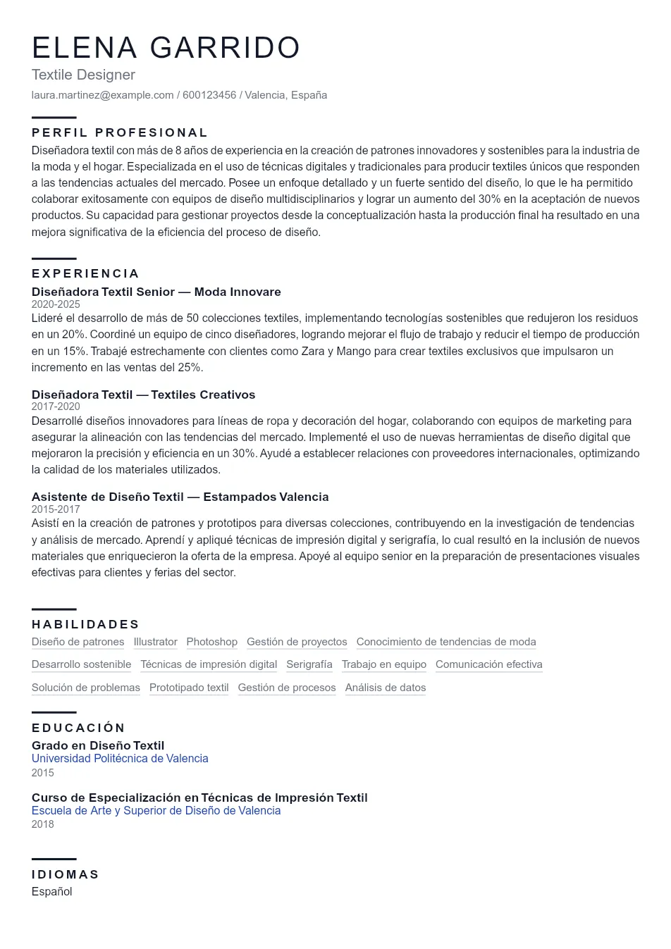 Ejemplo de CV para CV de Diseñador Textil - Plantilla de currículum profesional