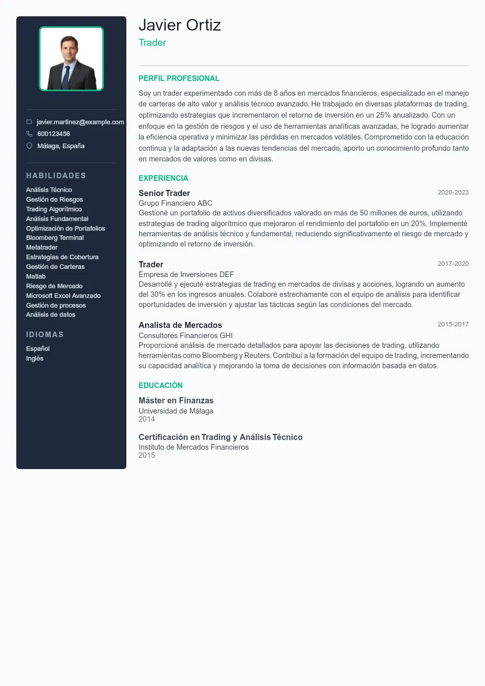 Ejemplo de CV de Trader CV Example - Professional Resume Template