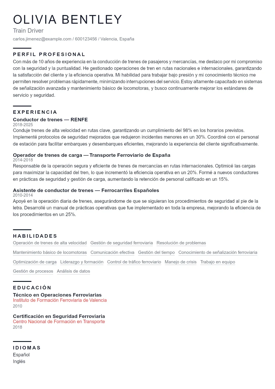 Ejemplo de CV de Train Driver CV Example - Professional Resume Template