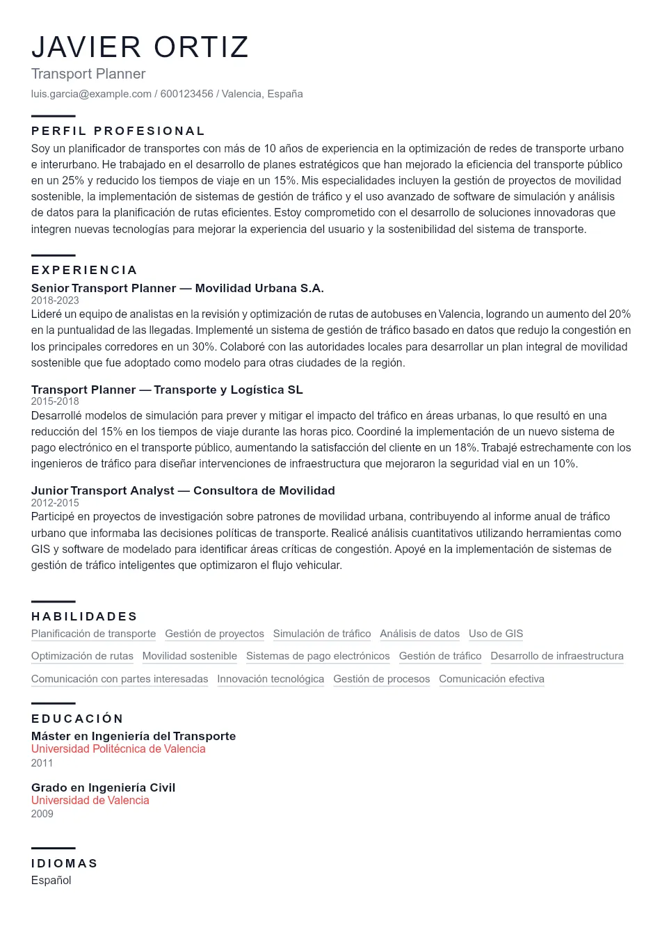 Ejemplo de CV de Transport Planner CV Example - Professional Resume Template