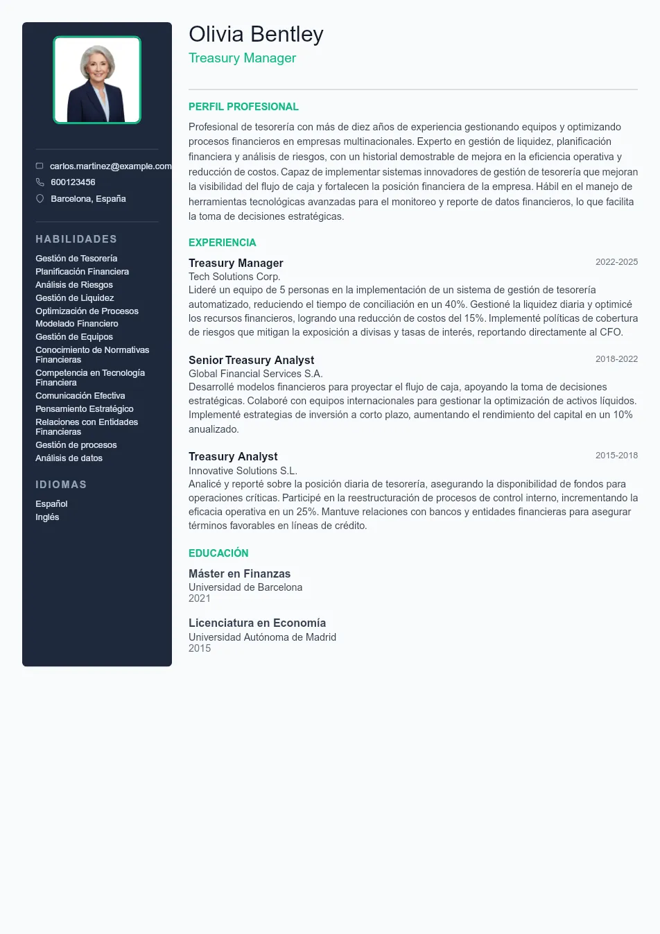 Ejemplo de CV de Treasury Manager CV Example - Professional Resume Template