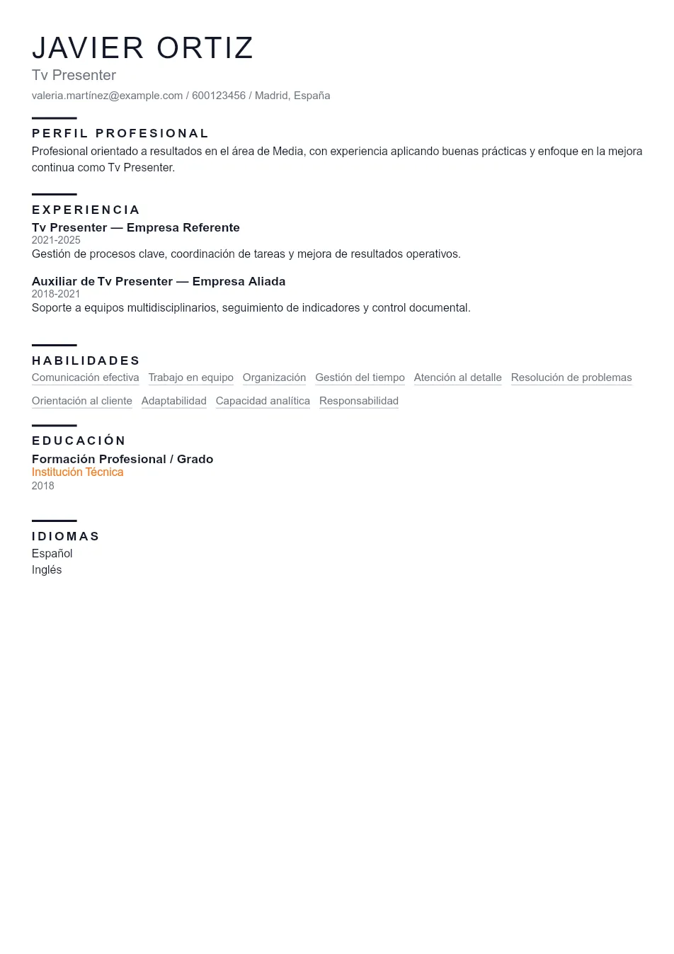 Ejemplo de CV de Tv Presenter CV Example - Professional Resume Template