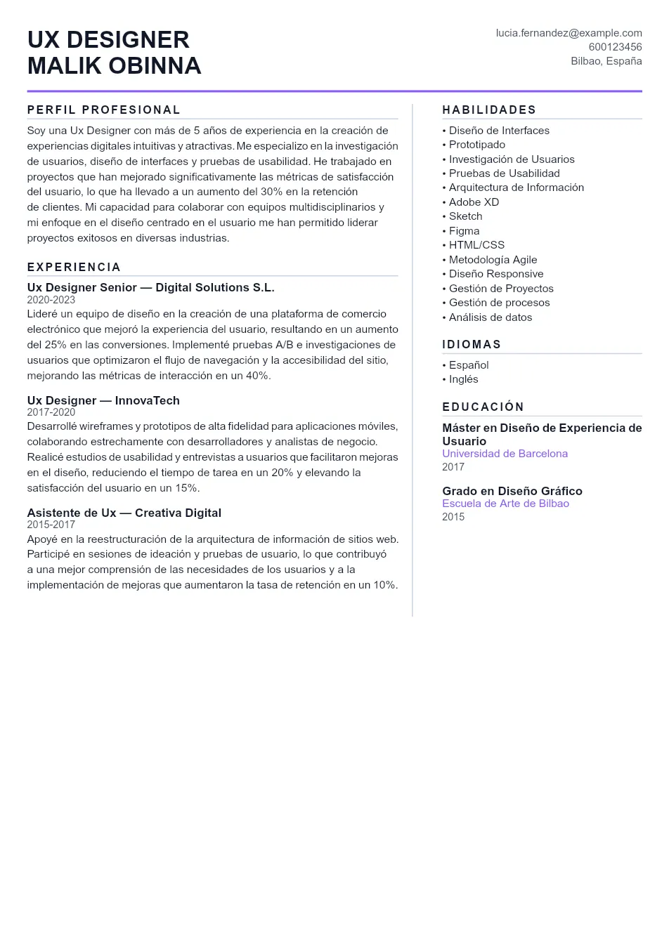 Ejemplo de CV para CV de UX Designer - Plantilla de currículum profesional