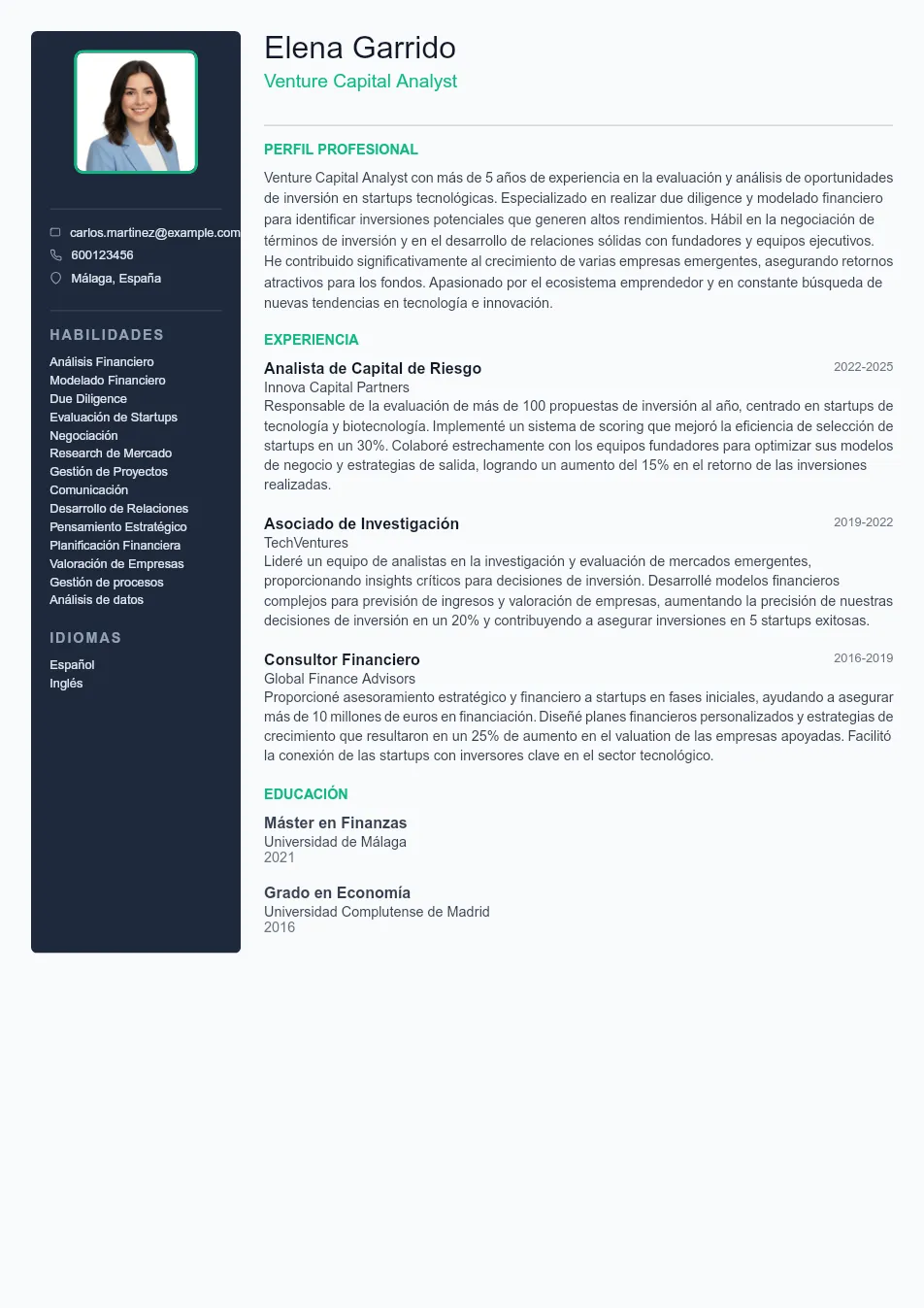 Ejemplo de CV de Venture Capital Analyst CV Example - Professional Resume Template