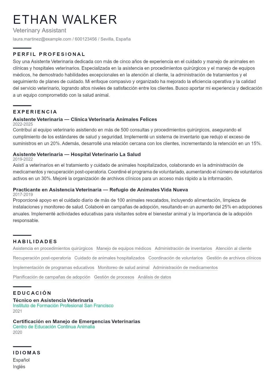 Ejemplo de CV de Veterinary Assistant CV Example - Professional Resume Template