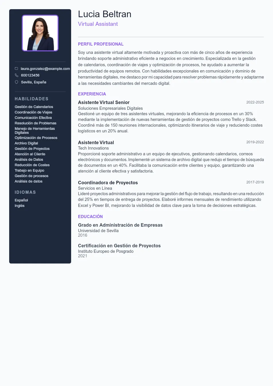 Ejemplo de CV de Virtual Assistant CV Example - Professional Resume Template