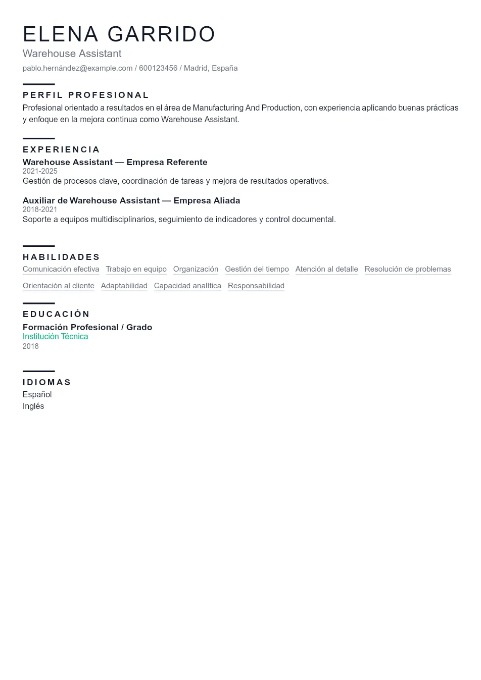Ejemplo de CV de Warehouse Assistant CV Example - Professional Resume Template