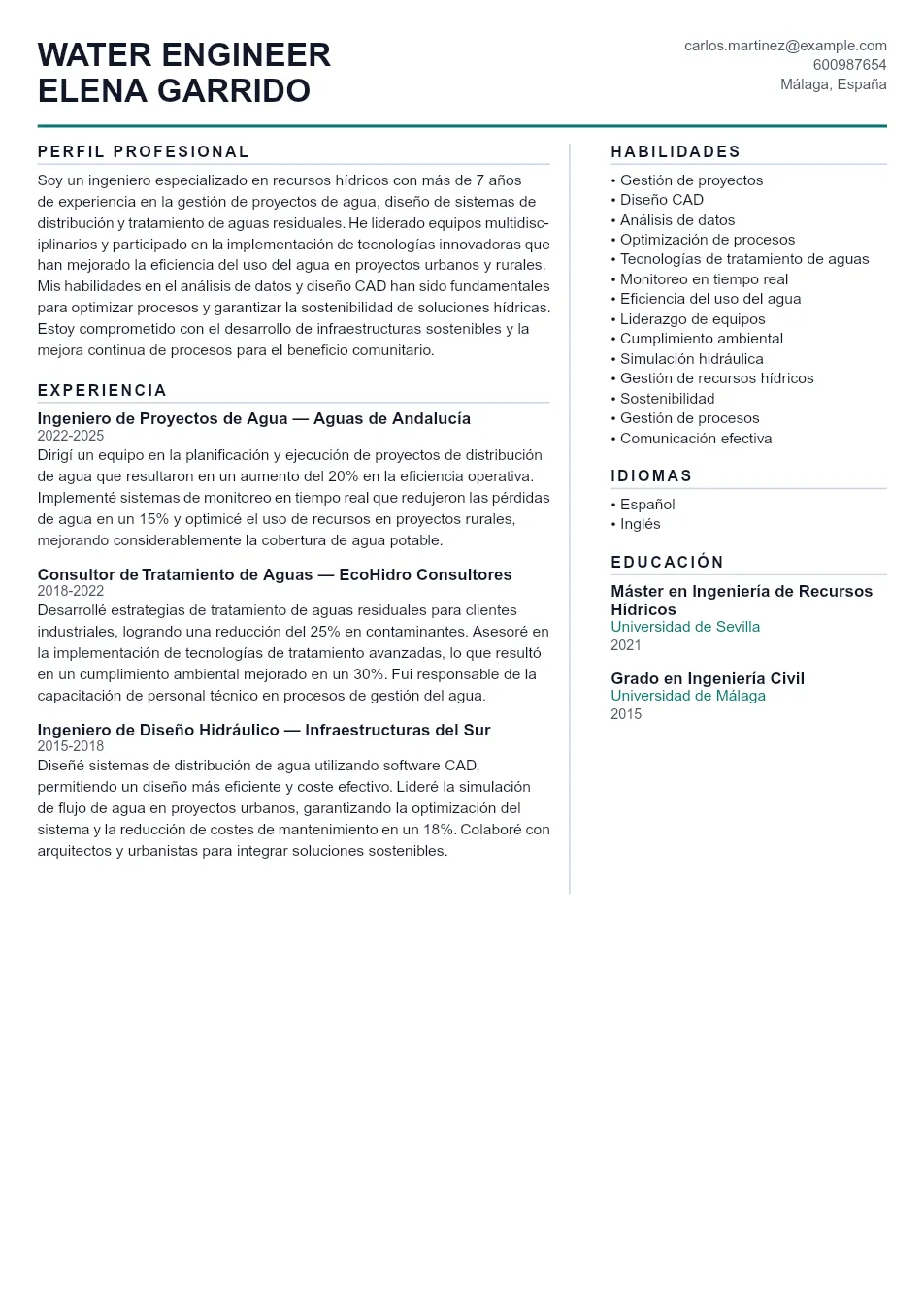 Ejemplo de CV de Water Engineer CV Example - Professional Resume Template