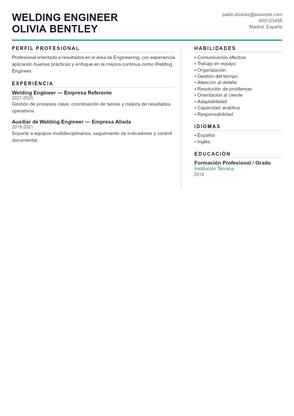 Ejemplo de CV de Welding Engineer CV Example - Professional Resume Template