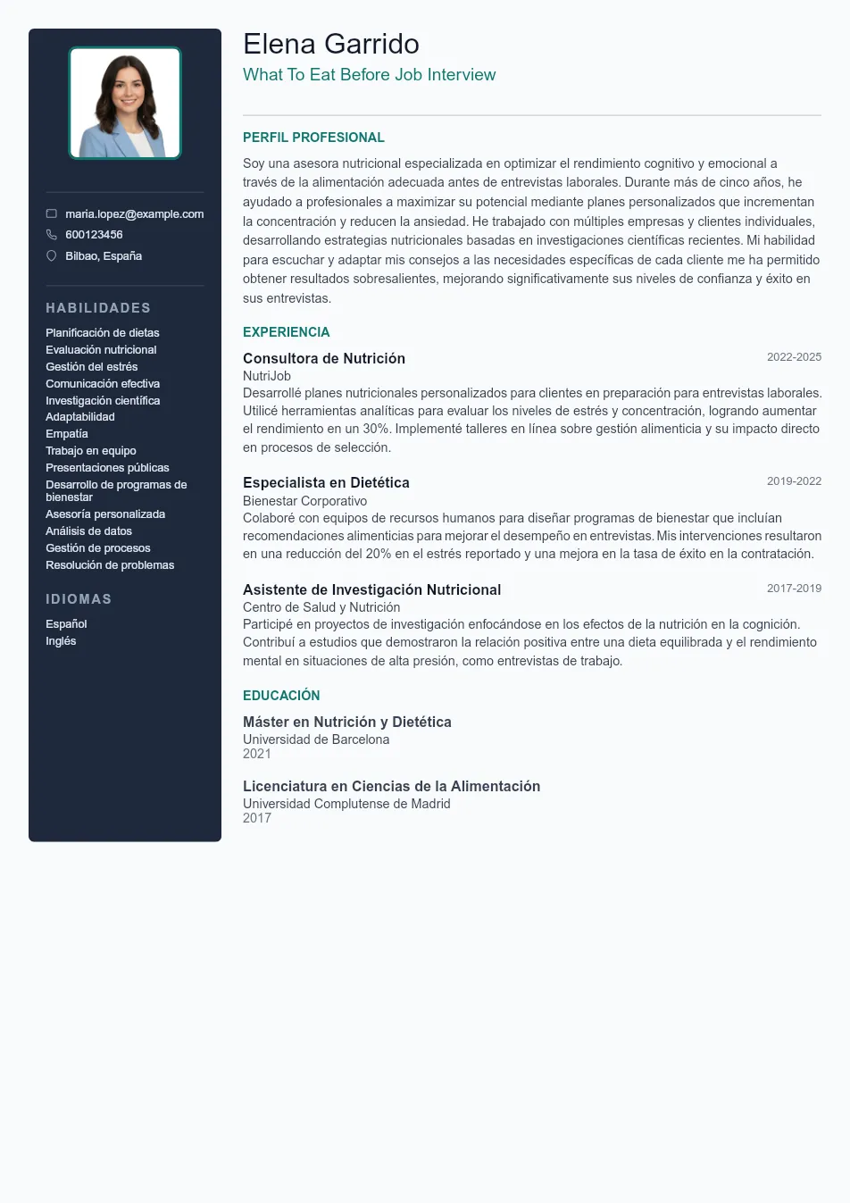 Ejemplo de CV para Qué Comer Antes de una Entrevista de Traba - Plantilla de currículum profesional