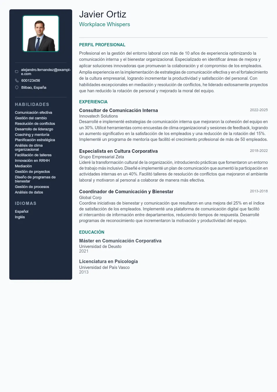 Ejemplo de CV de Workplace Whispers CV Example - Professional Resume Template