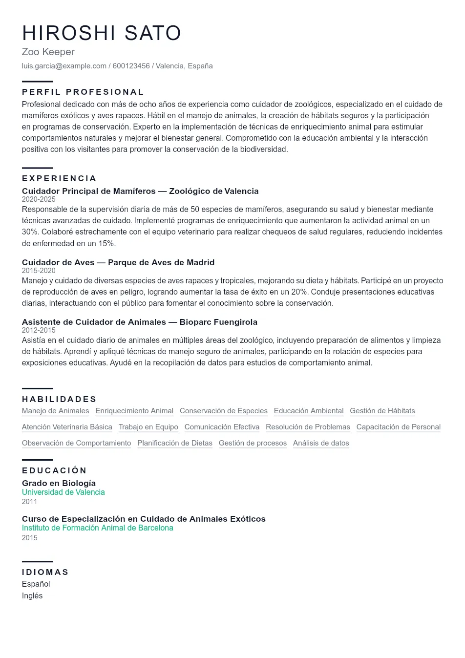 Ejemplo de CV para Ejemplo de CV de Cuidador de Zoológico - Plantilla de currículum profesional